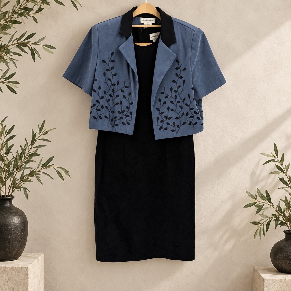 Alfred Dunner Dress Set floral Embroidered Jacket Faux Suede 8M Blue Black 90s